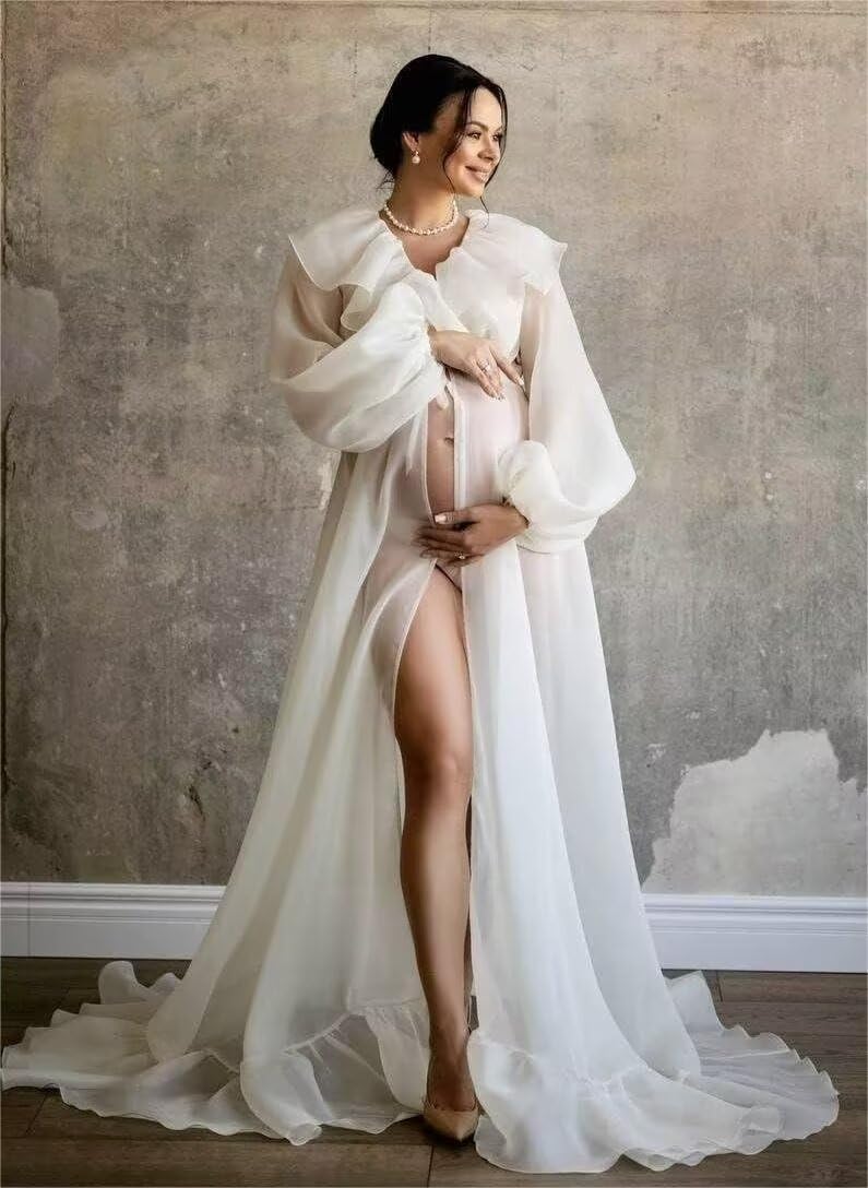 Changuan Ruffles Maternity Dress for Photoshoot Long Puffy Sleeves Maternity Gown Bridal Robe Lingerie Bathrobe Sleepwear