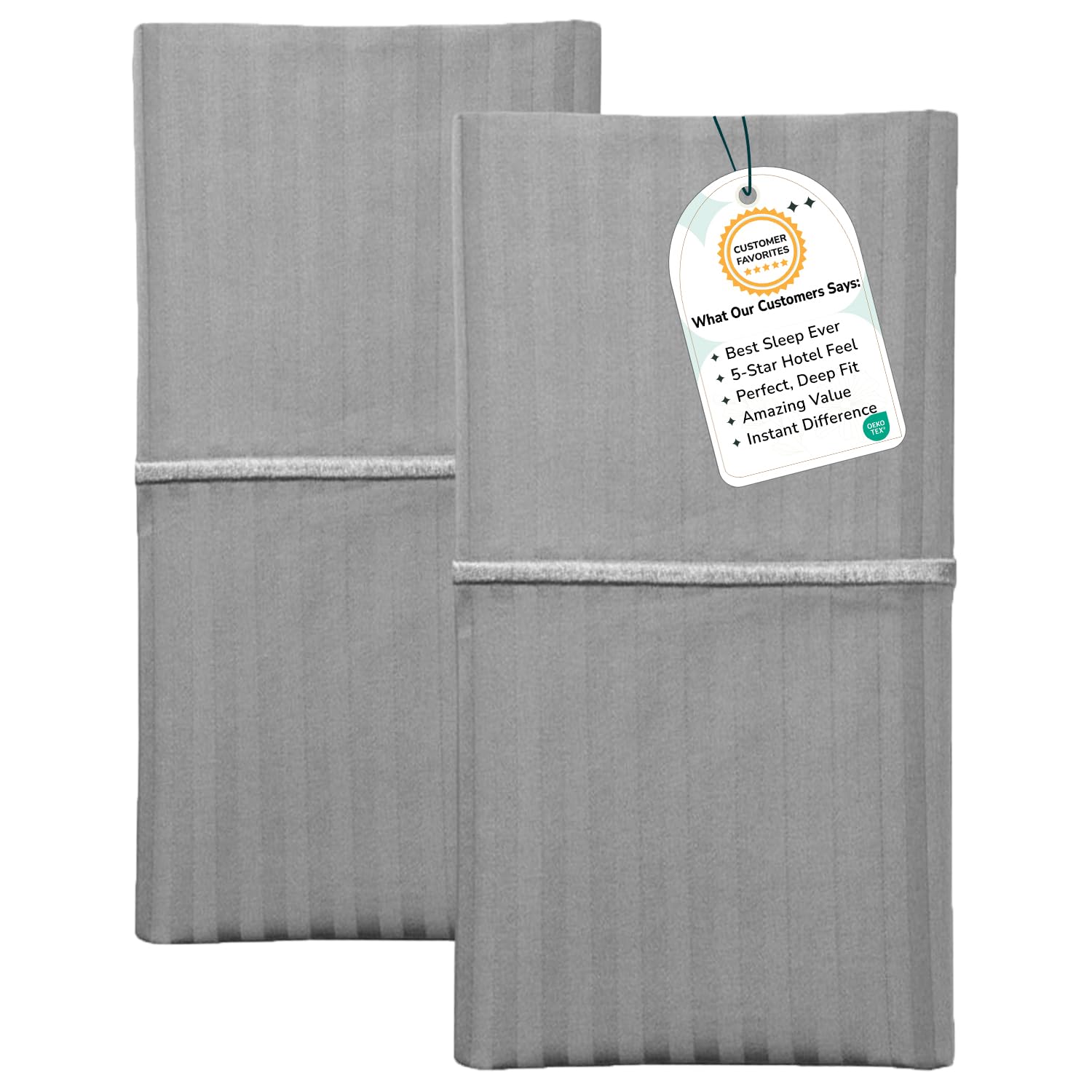 Feather & Stitch 100% Cotton King Pillow Covers Set of 2, 500TC Envelope Closure Pillowcases, Soft Luxury Damask Stripe Sateen Weave Pillow Case for