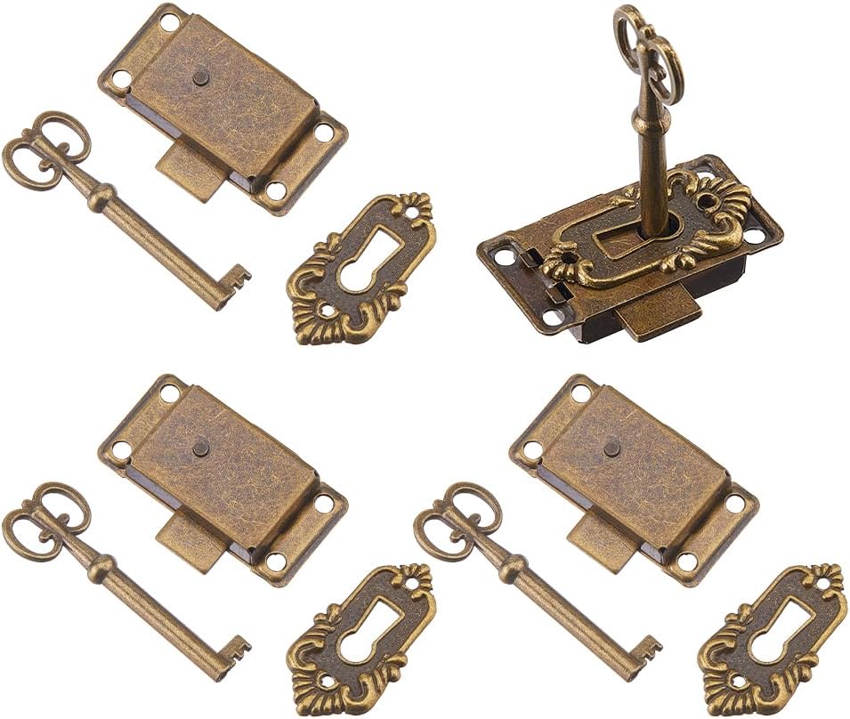 DICOSMETIC 3 Sets Vintage Cabinet Lock Set 1.02x2.09 Inch/26x53mm Small Decorative Skeleton Key Lock Alloy Old Locks Replacement for Chest Desk Jewelry Box, Antique Bronze