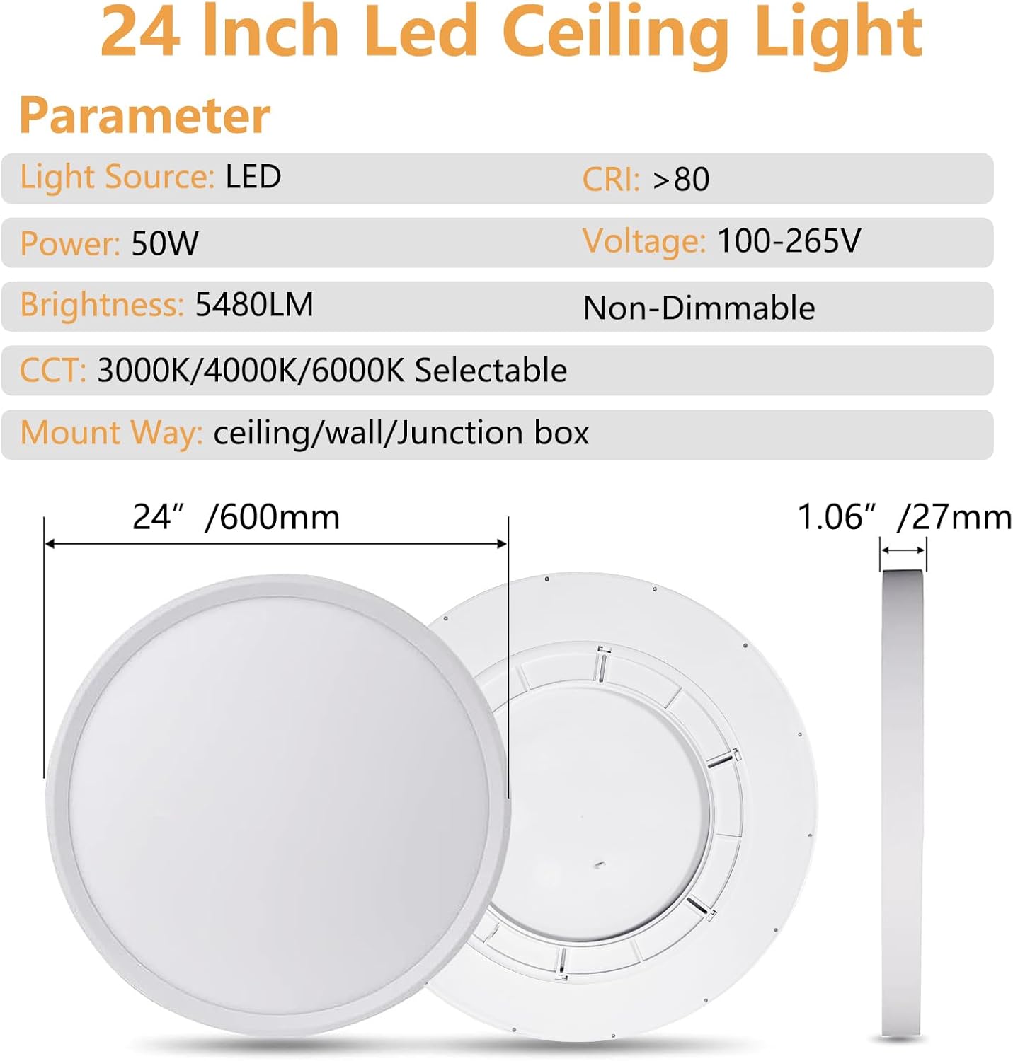 24 Inch Led Ceiling Light Flush Mount, 50W, 5480LM, 3000K/4000K/6000K CCT Selectable Super Slim White LED Ceiling Light, Close to Ceiling Round Flat Panel Light for Hallway, Bedroom, Kitchen, ect