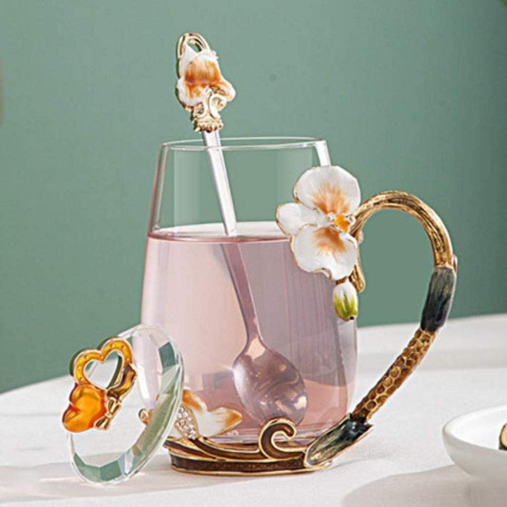 Tasse en verre émaillée fleurs de thé 350ml contre la vaisselle terne