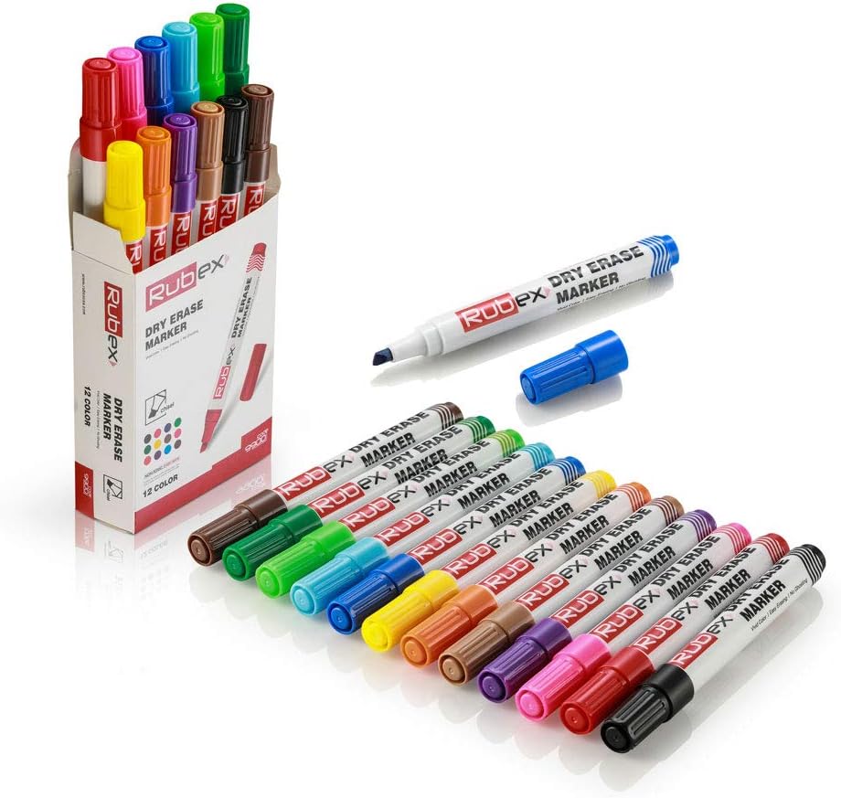 Dry Erase Marker , Set of 12 Colored Chisel Tip Low-Odor Ink Whiteboard Erasable Markers , Supplies for School, Teaching, Office, Home, Classrooms & Kids , Assorted Pack
