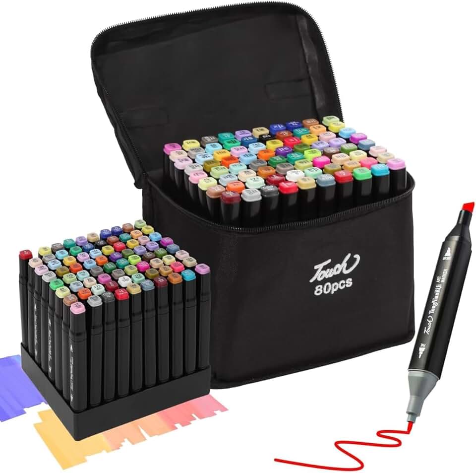 Conjunto de Canetas 80 Cores Marcador Permanente Canetinhas para Colorir Touch com Ponta Dupla para Desenhos Profissional e Escolar com Duas Pontas e Estojo para Transporte (80)
