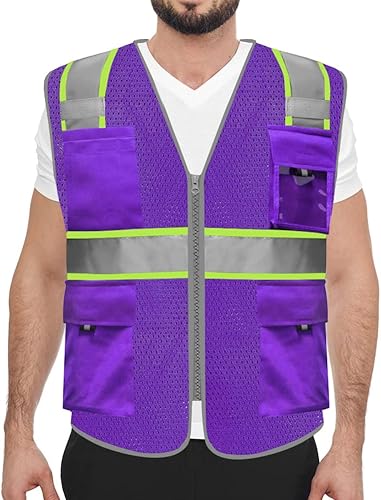 HYCOPROT Chalecos de seguridad reflectantes de malla de alta visibilidad con bolsillos y cremallera, cumple con las normas ANSIISEA
