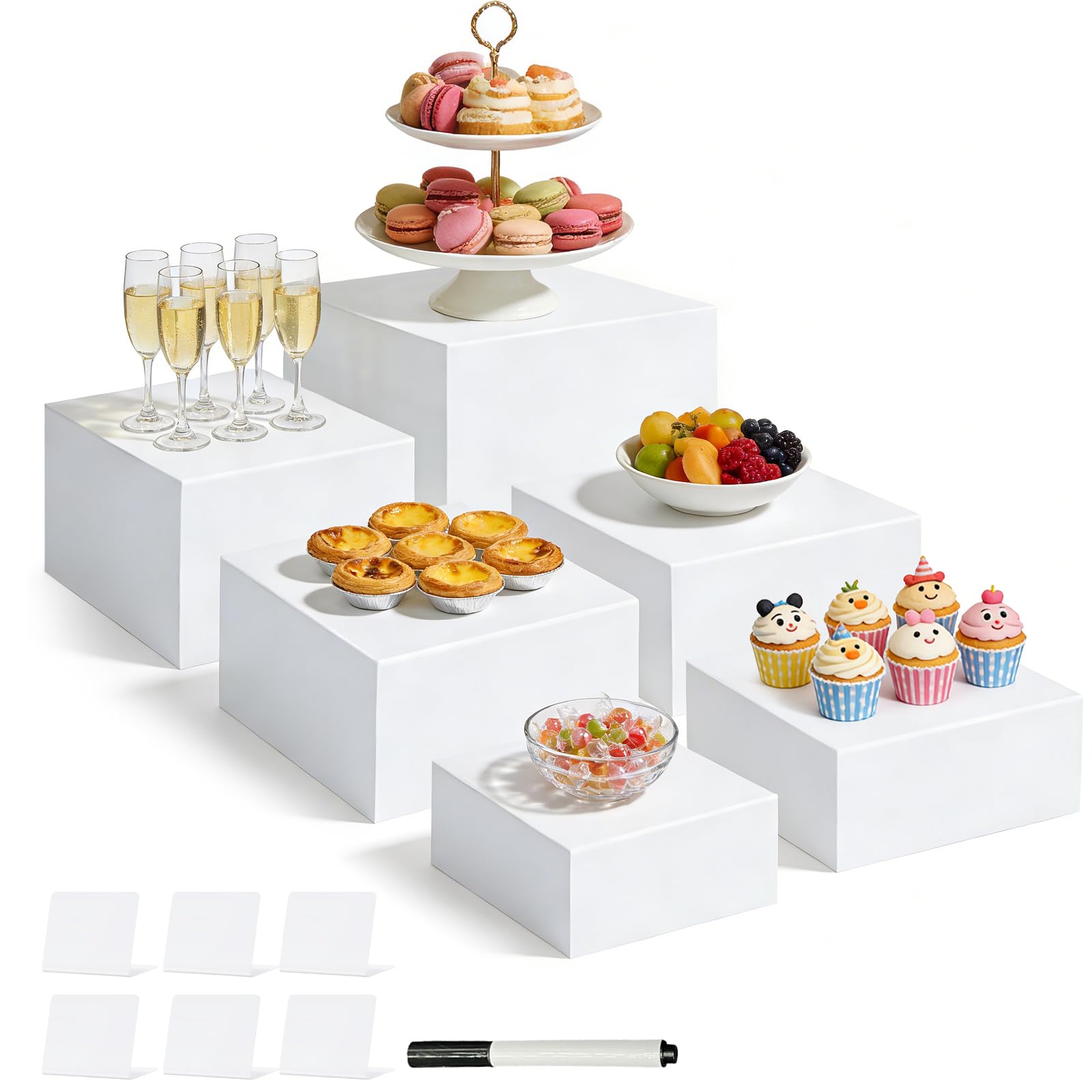 6 zoccoli in acrilico per alimenti, supporto bianco per dessert per buffet, torre per cupcake, alzata per torte, spettacoli di gioielli, eventi di catering (20,3 cm + 19,1 cm + 17,8 cm + 17,3