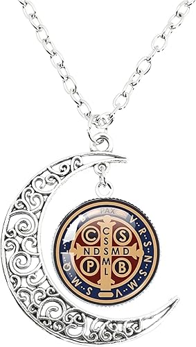 Collar de plata de ley 925 de San Benito Medallón luminoso de San Benito Collar de Luna Católica Colgante San Benito Joyería medalla de san benito