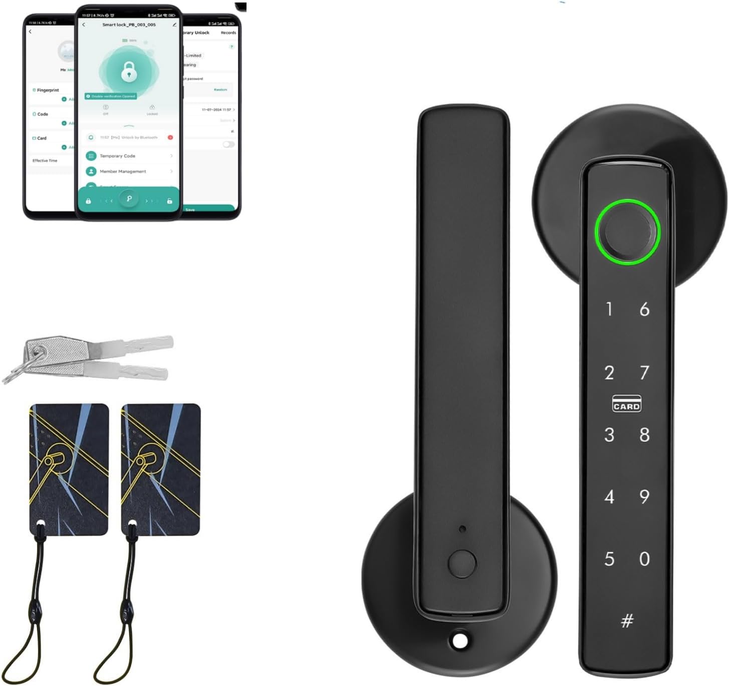Cerradura de puerta inteligente 5 en 1 con huella digital, llave, código de acceso, tarjeta IC y aplicación, fácil instalación, manija de entrada