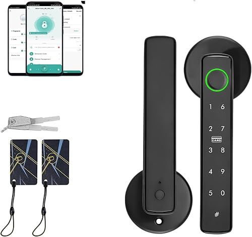 Cerradura de puerta inteligente 5 en 1 con huella digital, llave, código de acceso, tarjeta IC y aplicación, fácil instalación, manija de entrada