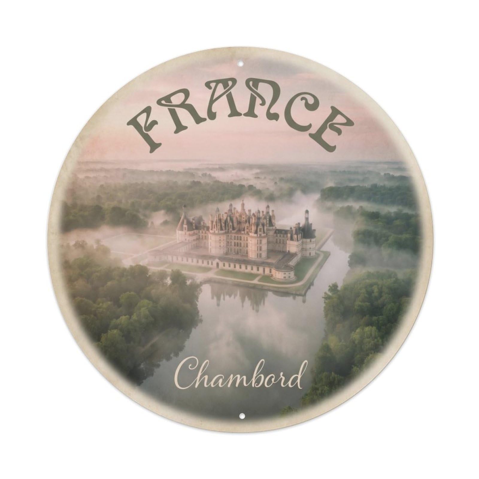 Vintage Travel France Chambord Renaissance Metal Tin Sign Plaque Wall Decor for Cafe, Club Bar, Office, Home Garden Round Metal Poster 8x8Inch