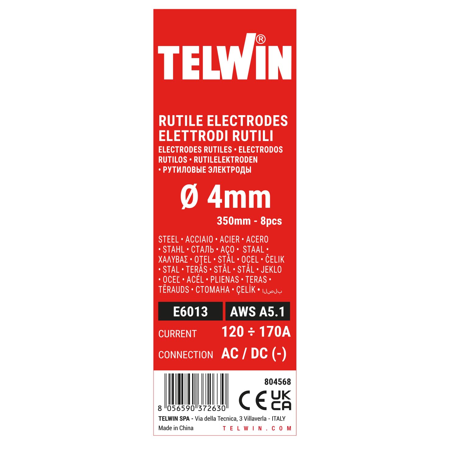Telwin Electrodos rutiles en acero para soldar, D. 4 mm L 350mm, 8 piezas