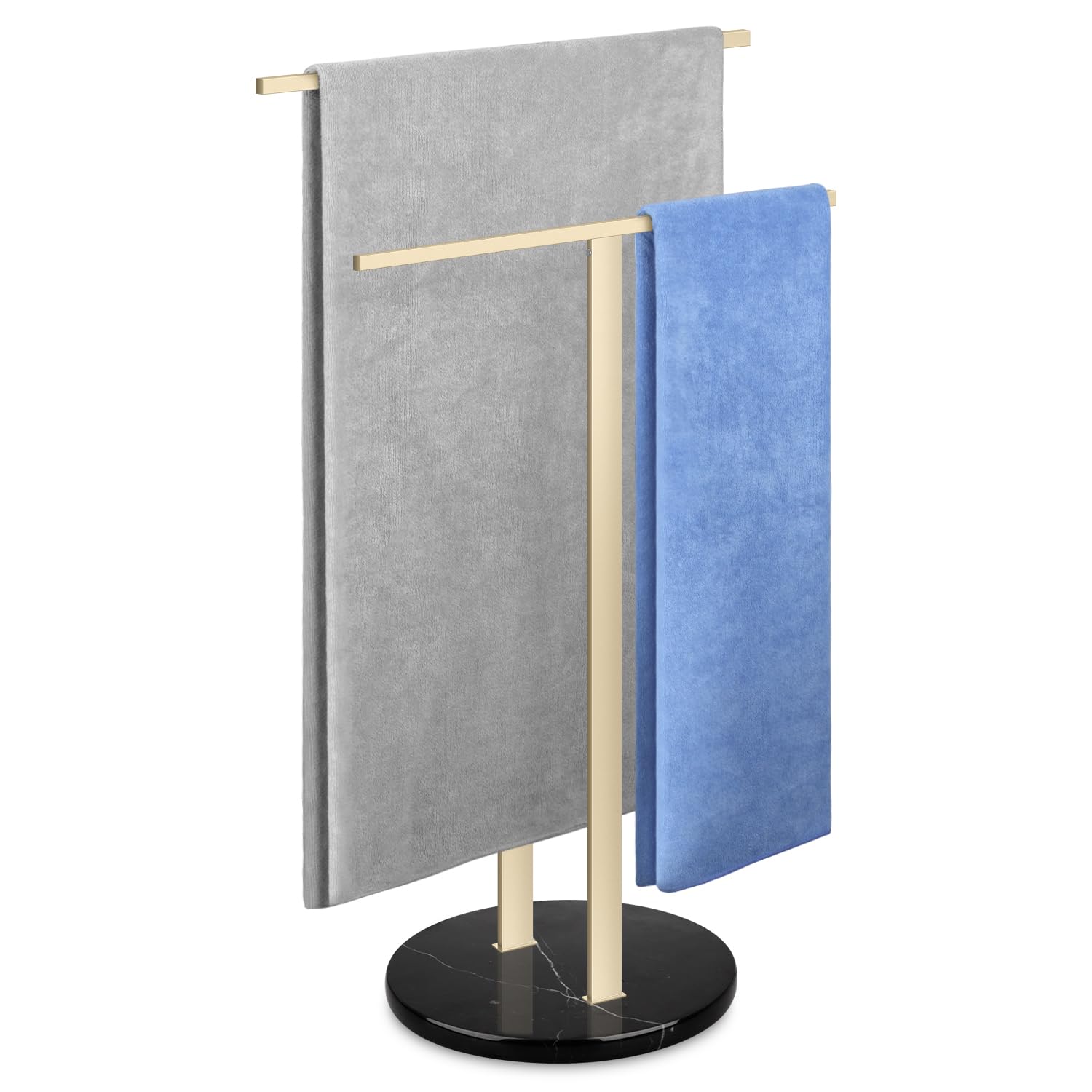 Porte Serviette Salle de Bain Support Serviette sur Pied 2 Barres avec Base Blanche Marbre Porte-Serviettes pour Plancher Sol Acier Inoxydable SUS304 en Forme de T (Or, Socle en Marbre Noir)
