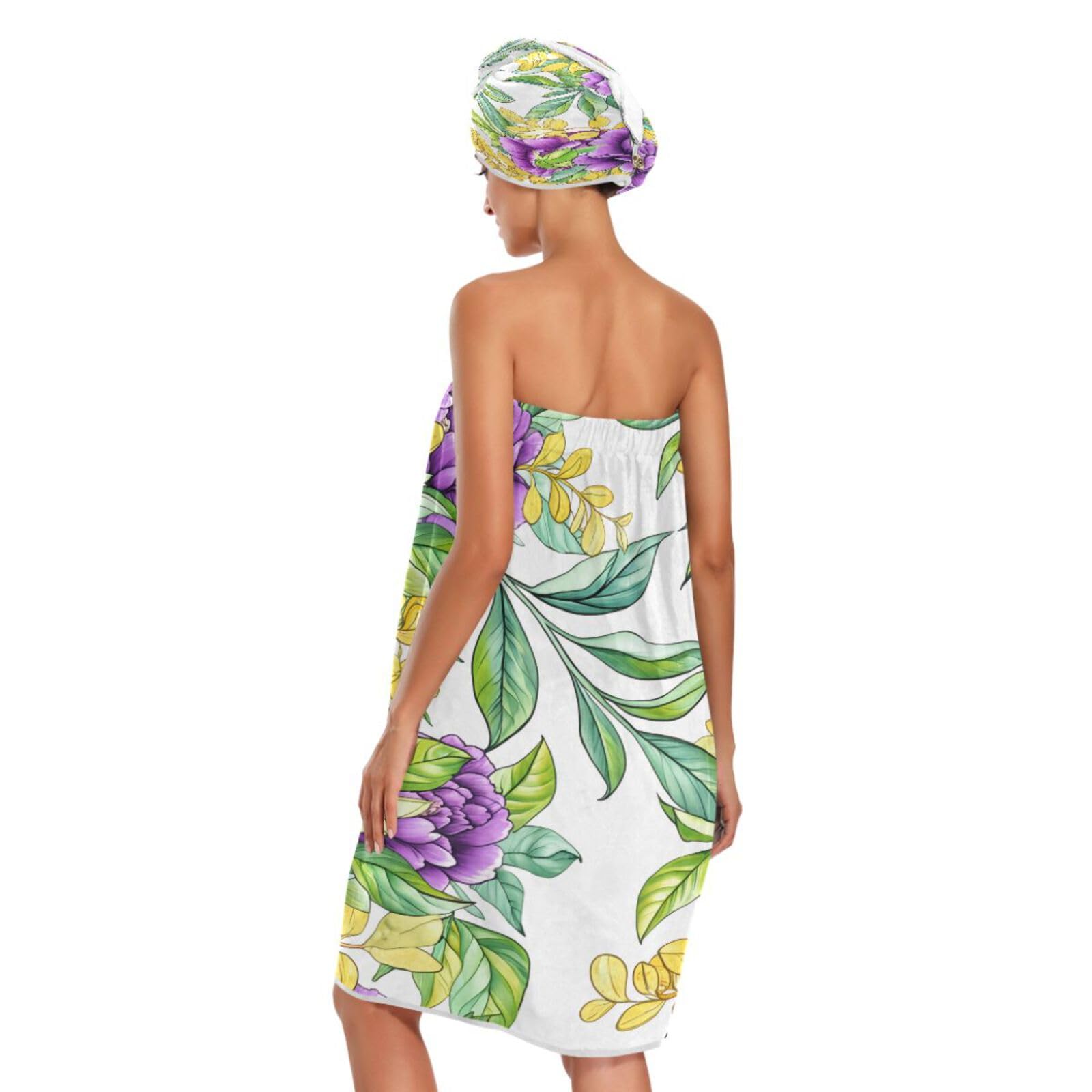 Bulletgxll Peonies Flowers Women's Shower Wrap Towel Set of 3 Adjustable Spa Body Wrap Super Absorbent Bathrobe with Hair Towel & Headband