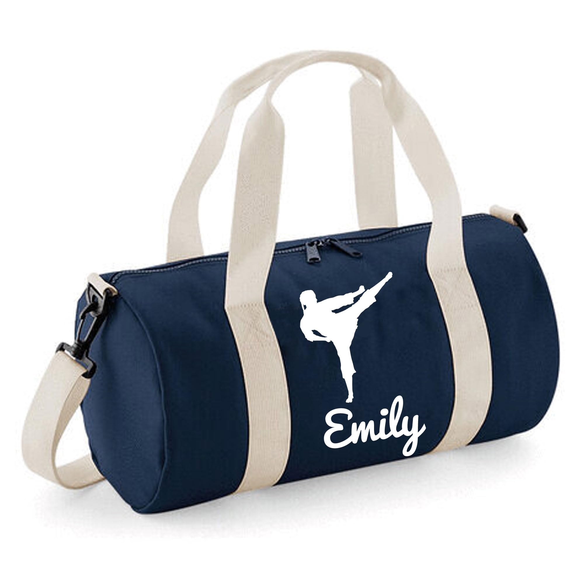 Personalised Karate Kick Barrel Bag Sports Holdall for Boys & Girls, 12L Durable Gym Bag Training Kit Bag, 20x20x40cm Stylish Sports Equipment Storage - Navy