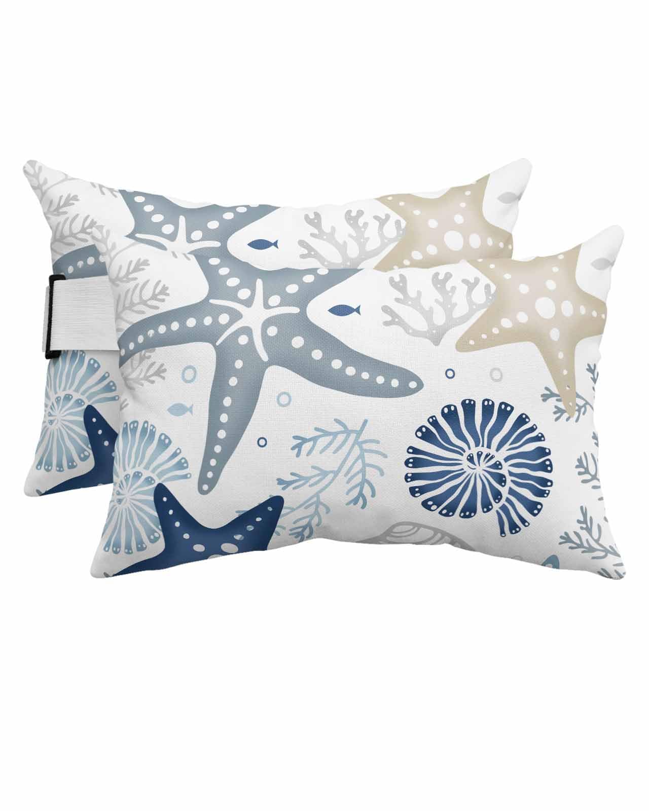 Hokiten Lumbar Pillow Covers Set of 2, Blue Starfish Coastal Waterproof Outdoor Chaise Lounge Pillow Covers with Elastic Strap, Summer Beach Nautical Coral Sea Headrest Pillowcase for Patio, 11 x 16