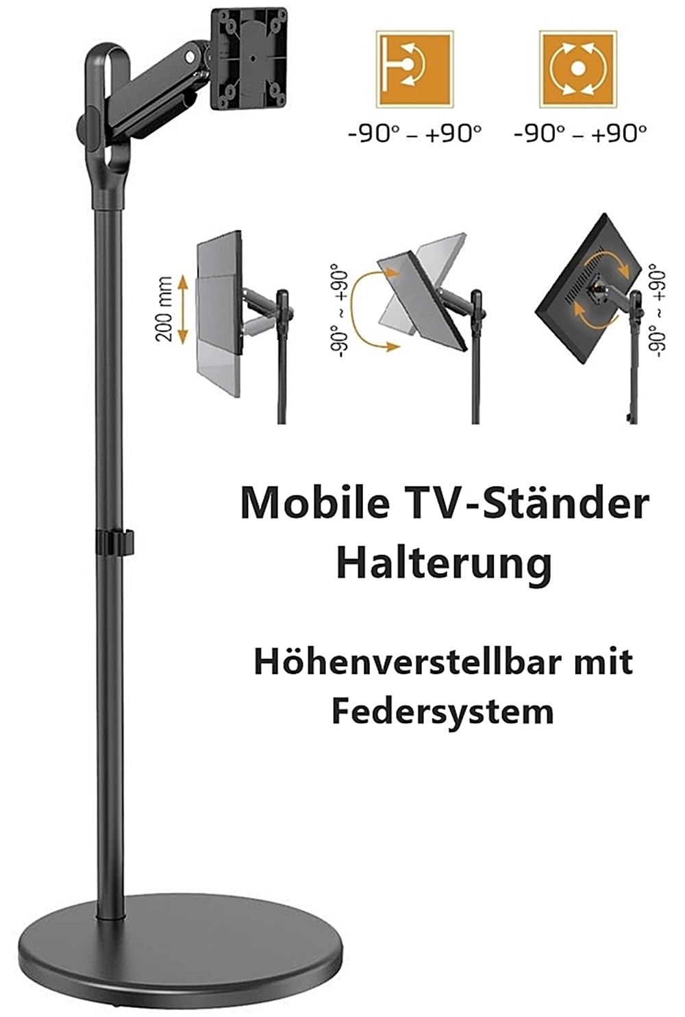 Reflexion BV05 - Soporte de TV para televisores móviles, Altura Ajustable con Muelle de Gas, Giratorio e inclinable ±90°, VESA 75/100, para 16 – 32 Pulgadas, con Ruedas en la Base, Capacidad de Carga