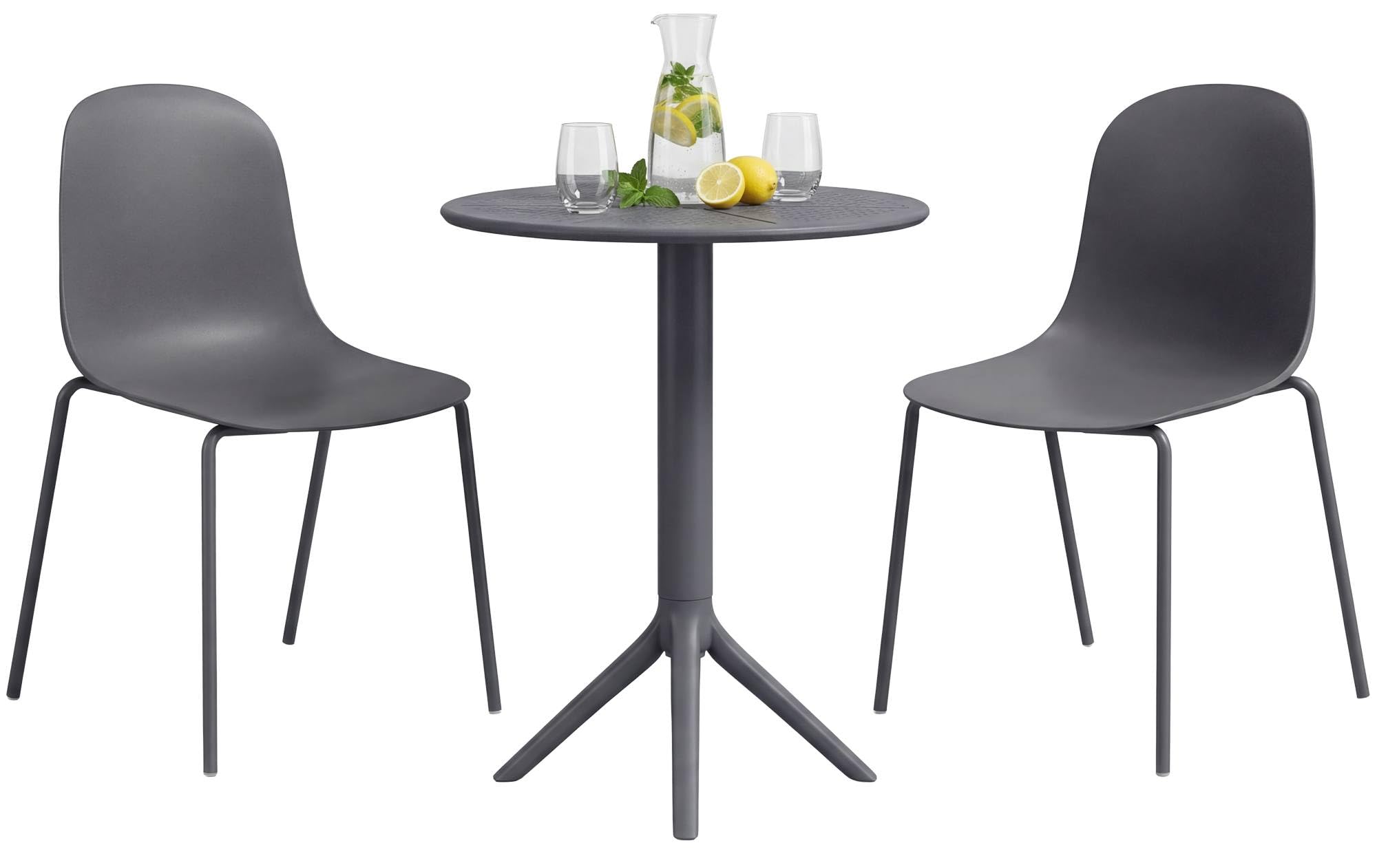 CLP Set da giardino Torin con 2 sedie e tavolo, per interno ed esterno, plastica resistente alle intemperie, impilabile, balcone, terrazza Colore:grigio scuro