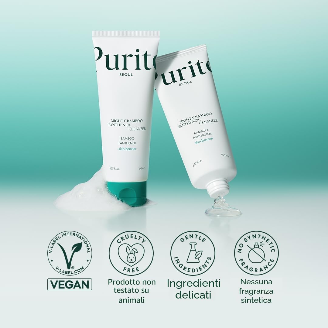 PURITO Mighty Bamboo Panthenol Detergente Viso, Delicato Detergente Idratante per Pelle Sensibile, Detergente Viso Vegano e Non Testato sugli Animali 150ml / 5,07 fl. Oz.