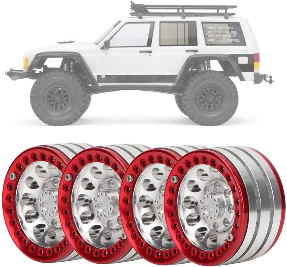 VGEBY1 4Pcs RC Rims, 1.9 Beadlock Wheels Rims Aluminium Wheel Rims Set Fit for SCX10 1/10 RC Crawler Car(Silver Red)