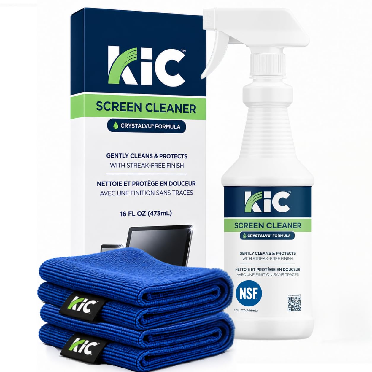 KICTeam Waffletechnology CrystalVu - Kit de limpiador de pantalla táctil, botella de spray de 32 onzas con 2 toallitas de microfibra para limpiar monitores y pantallas de computadora