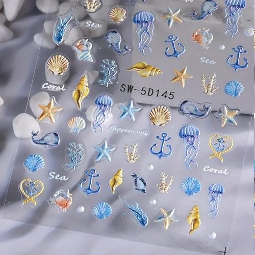 Powpop 307 5D Embossed Ocean Life Nail Art Stickers Decals Self Adhesive Seashell Starfish Nail Decals Sea Creature Designs Summer Nail Stickers Marine Life Manicure Sliders thumb #7