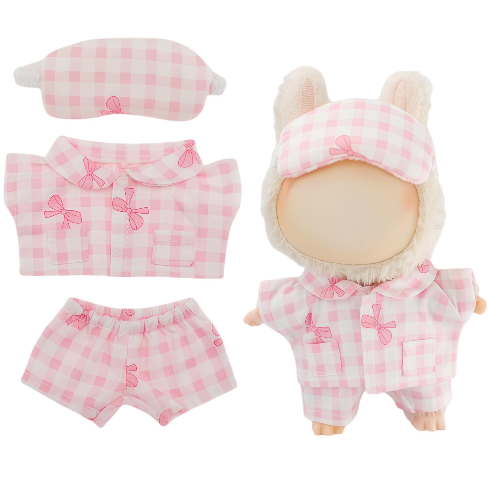 Set pigiama per bambole con fiocco rosa e maschera per gli occhi, in morbido peluche, adatto per bambole Labubu da 17 cm