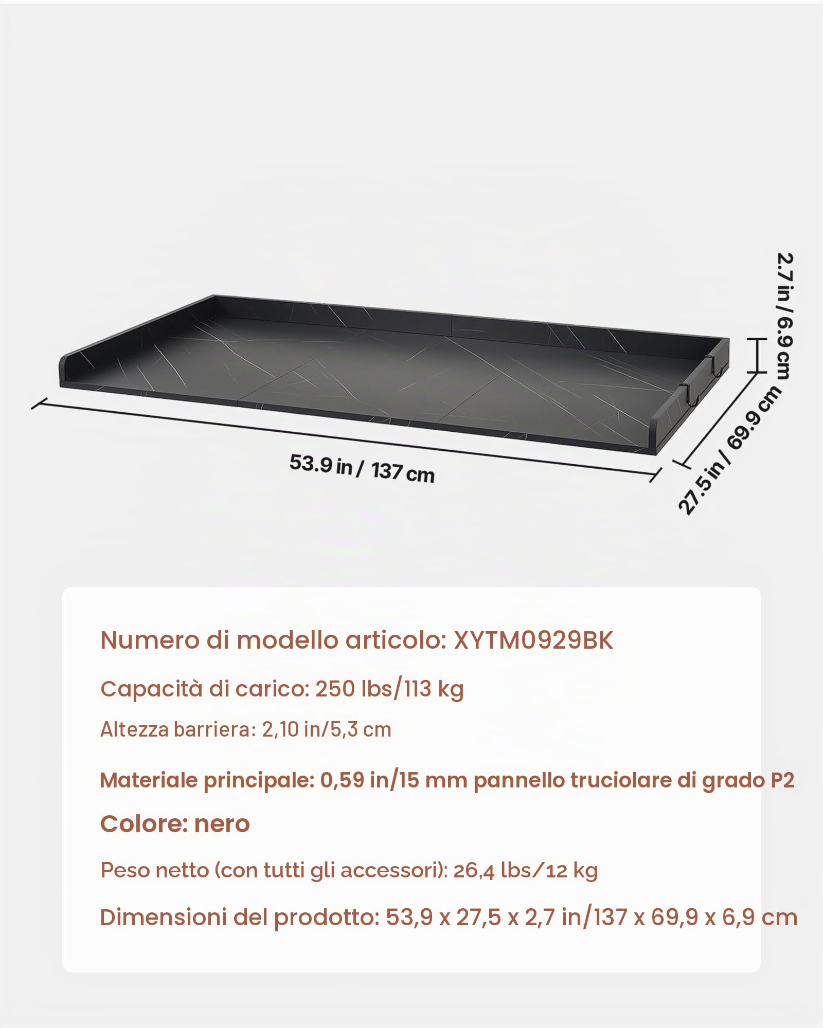 VEVOR Piano di Lavoro per Lavatrice e Asciugatrice 137x69,9 cm, Piano d'Appoggio per Lavatrice con Bordi Rialzati e Ganci, Struttura in Legno per Zona Lavanderia, Ampia Superficie, Effetto Marmo Nero