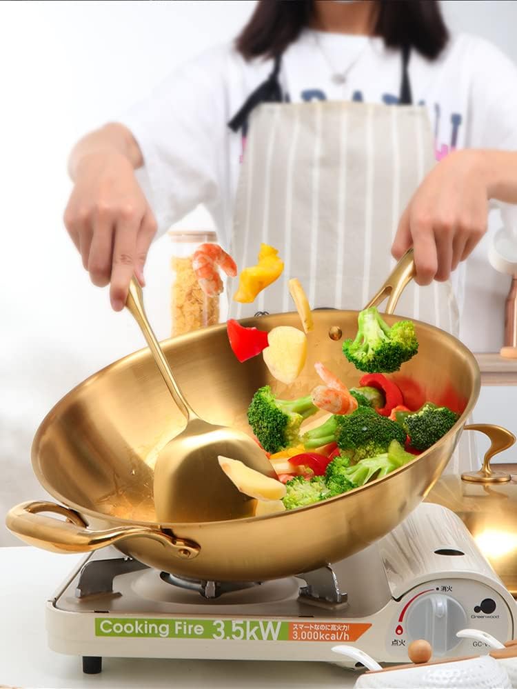 Miniatura 5 de QIBOORUN SUS 304 - Sartén de acero inoxidable con tapa y espátula, sartén de acero inoxidable compatible con inducción con tapa, sartén para chefs