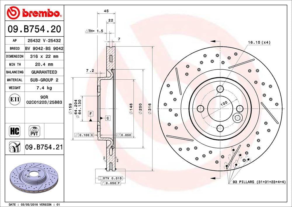 Brembo 09.B754.21 - Disco Freno con Verniciatura UV (Set di 2) - Anteriore