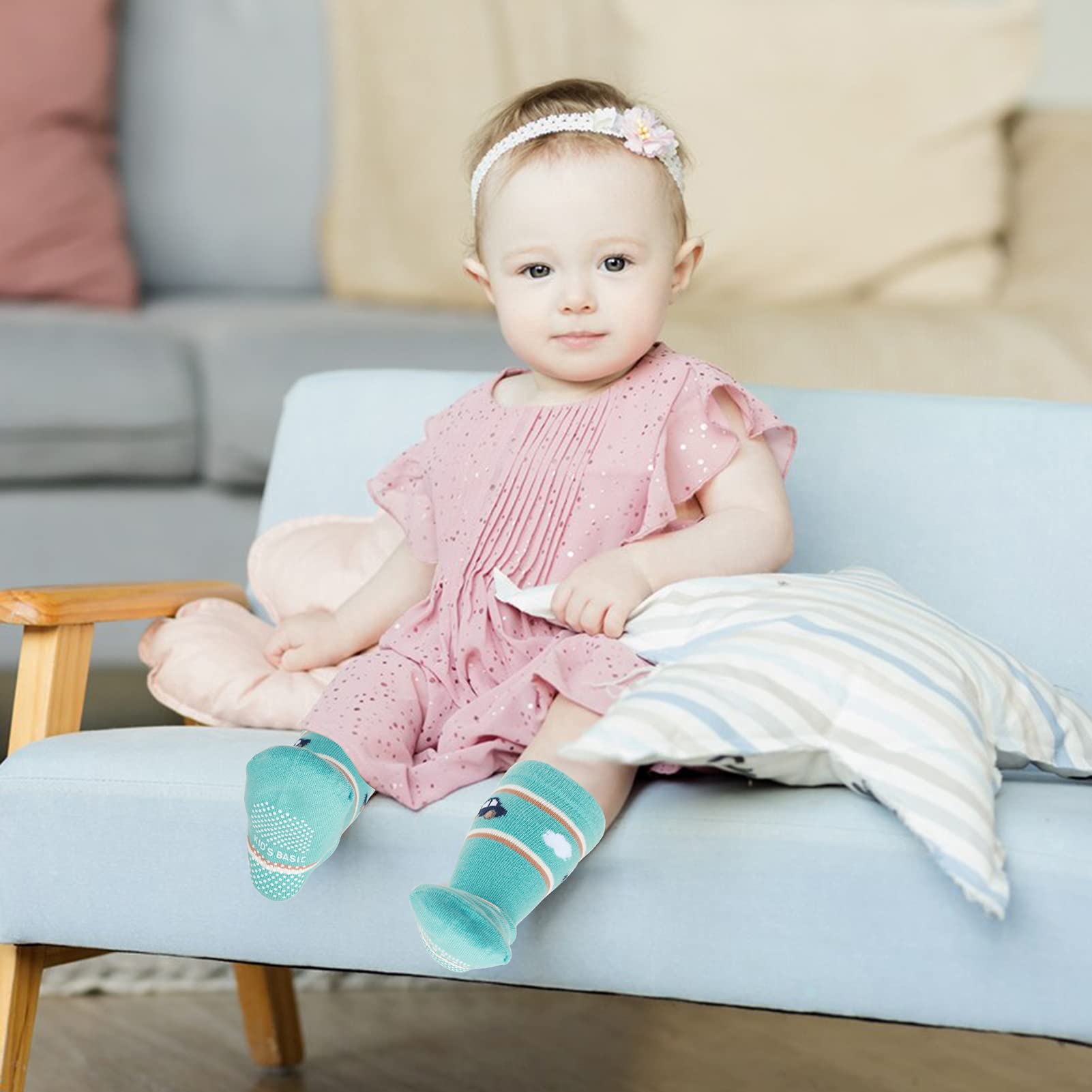 Yafane 12 Pares de Calcetines Antideslizantes para Niños Niñas Recien Nacido Unisex Pequeños Algodón Lindo con Puños Calcetines Antideslizantes para Bebés — view 4