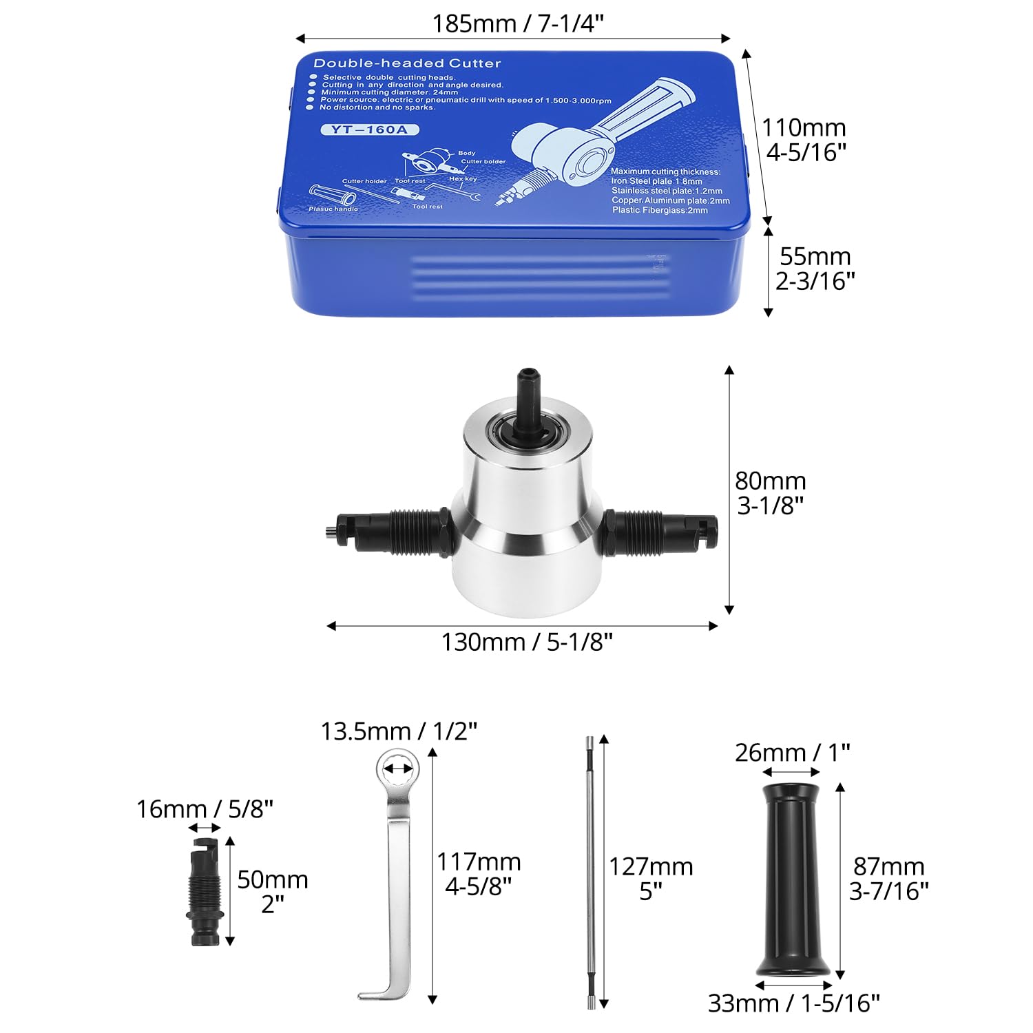 QWORK® Grignoteuse tole, accessoire de coupe métal à double tête, pour acier, acier inoxydable, aluminium et plus