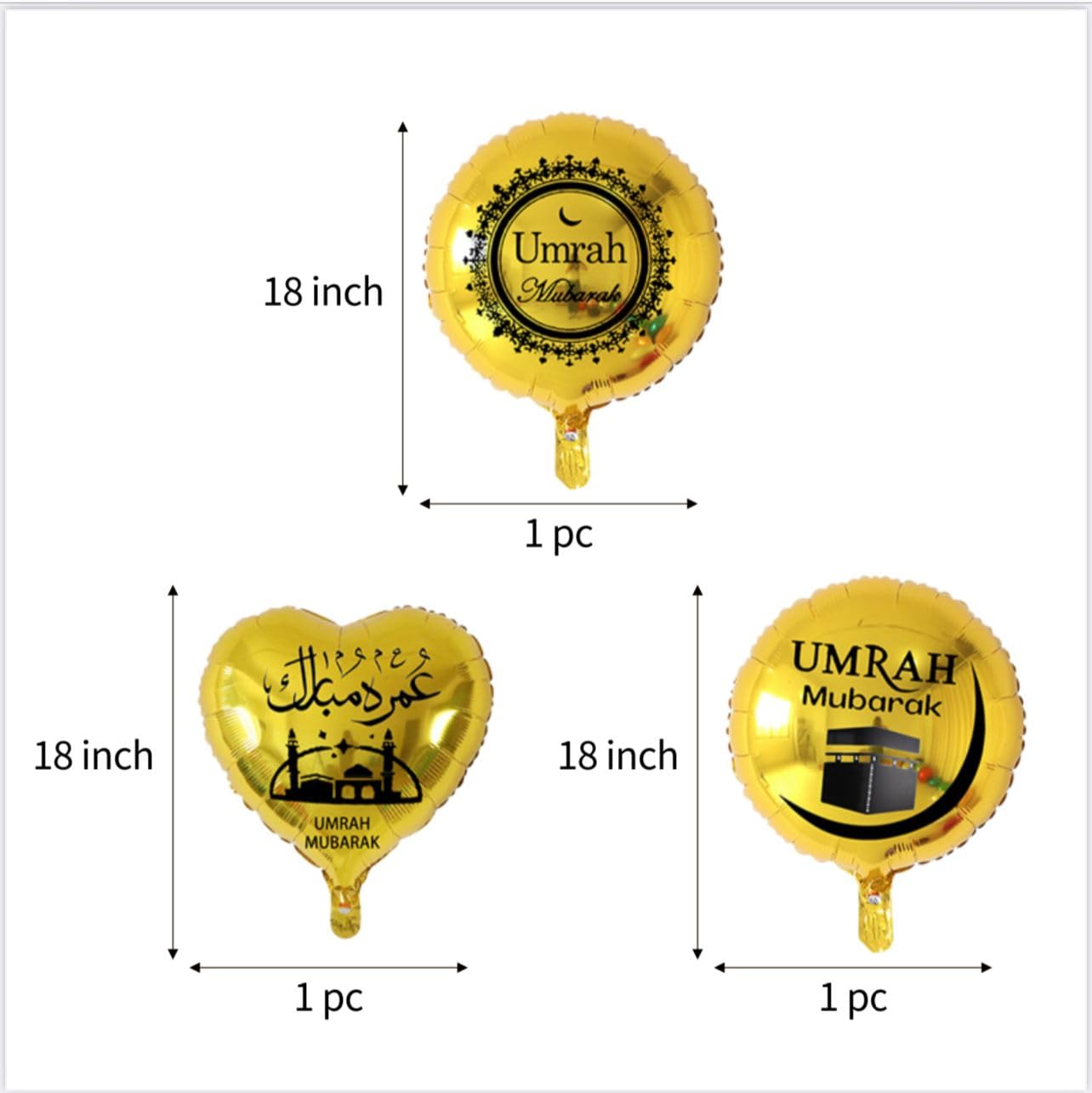 3 pcs umrah mubarak balloon set 18inch (Gold), Large - Image 2