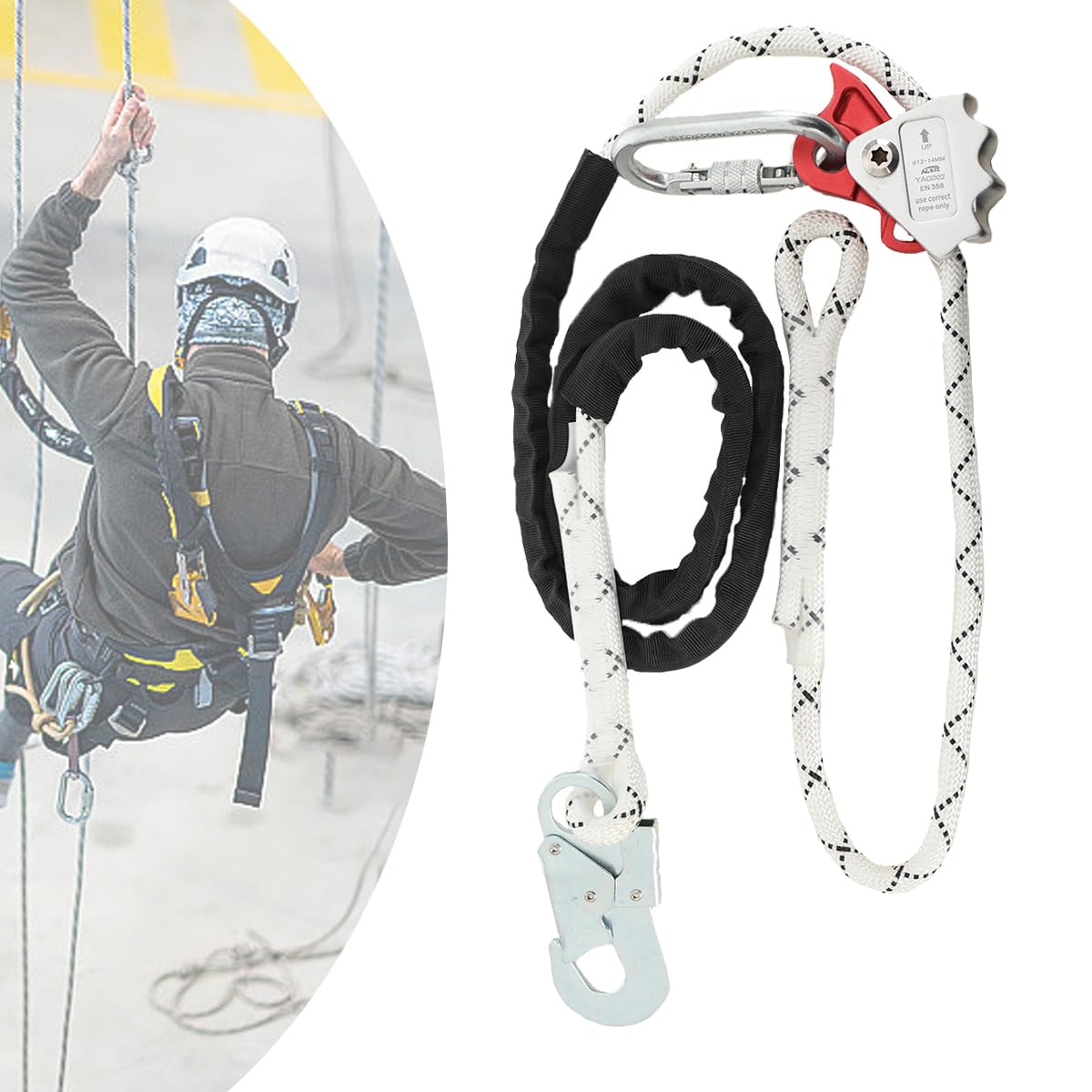 2M Corde de Sécurité Extérieure, Cordon Réglable Harnais de Sécurité avec Ajusteur de Mousqueton, Lanière Réglable Protection Contre les Chutes 13mm