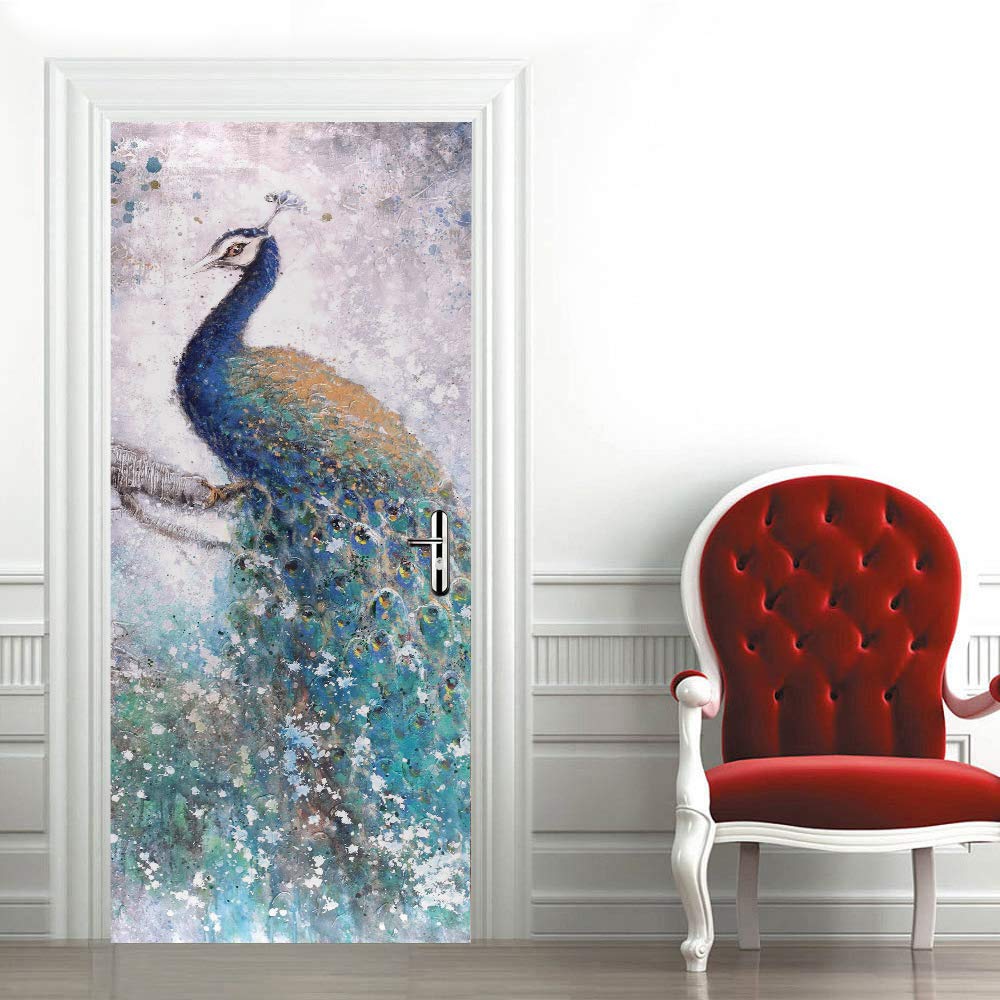 3D papier peint porte trompe l'oeil autocollant mural PVC 95x215 paon