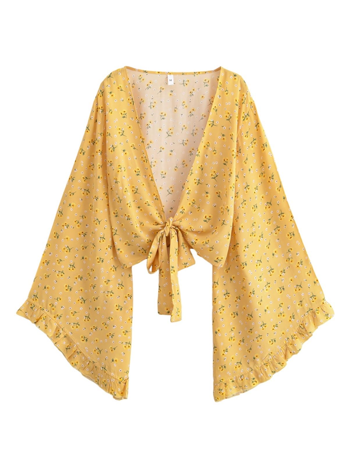 Generisch Vintage Żółte kwiaty damski kostium kąpielowy Cover-Up Beach Lato Krótkie falbanki Flare Rękawy Urlop Rayon S/M/L