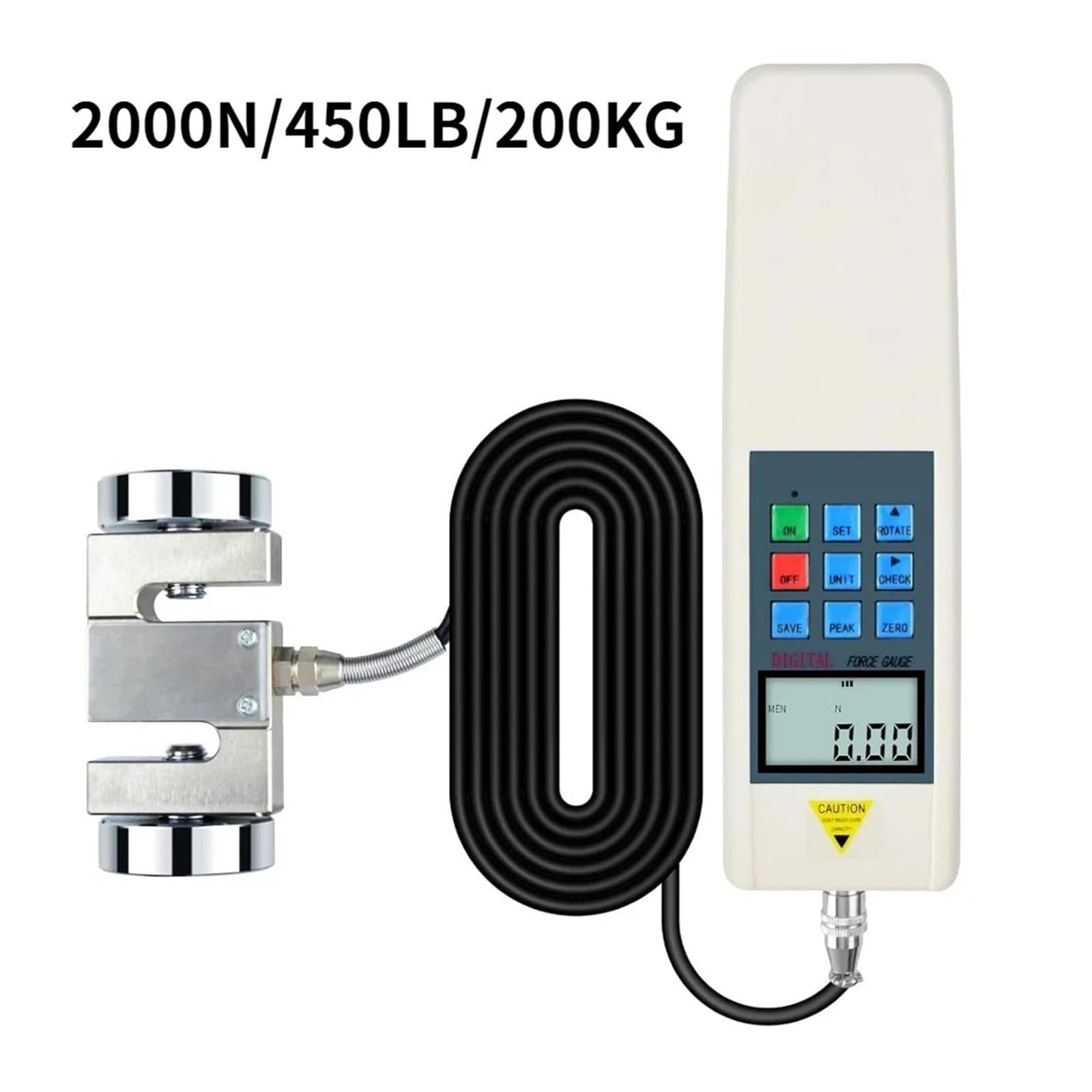 Medidor de fuerza digital de empuje y tracción de 5000 N/1100 lb/500 kg con sensor externo y salida USB(GF-450LB)