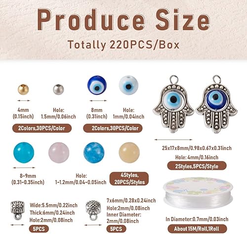 Miniatura 4 de Cheriswelry Cuentas contra el mal de ojo para hacer pulseras con 60 cuentas de mal de ojo, 80 cuentas de piedra de cuarzo, 60 cuentas espaciadoras,