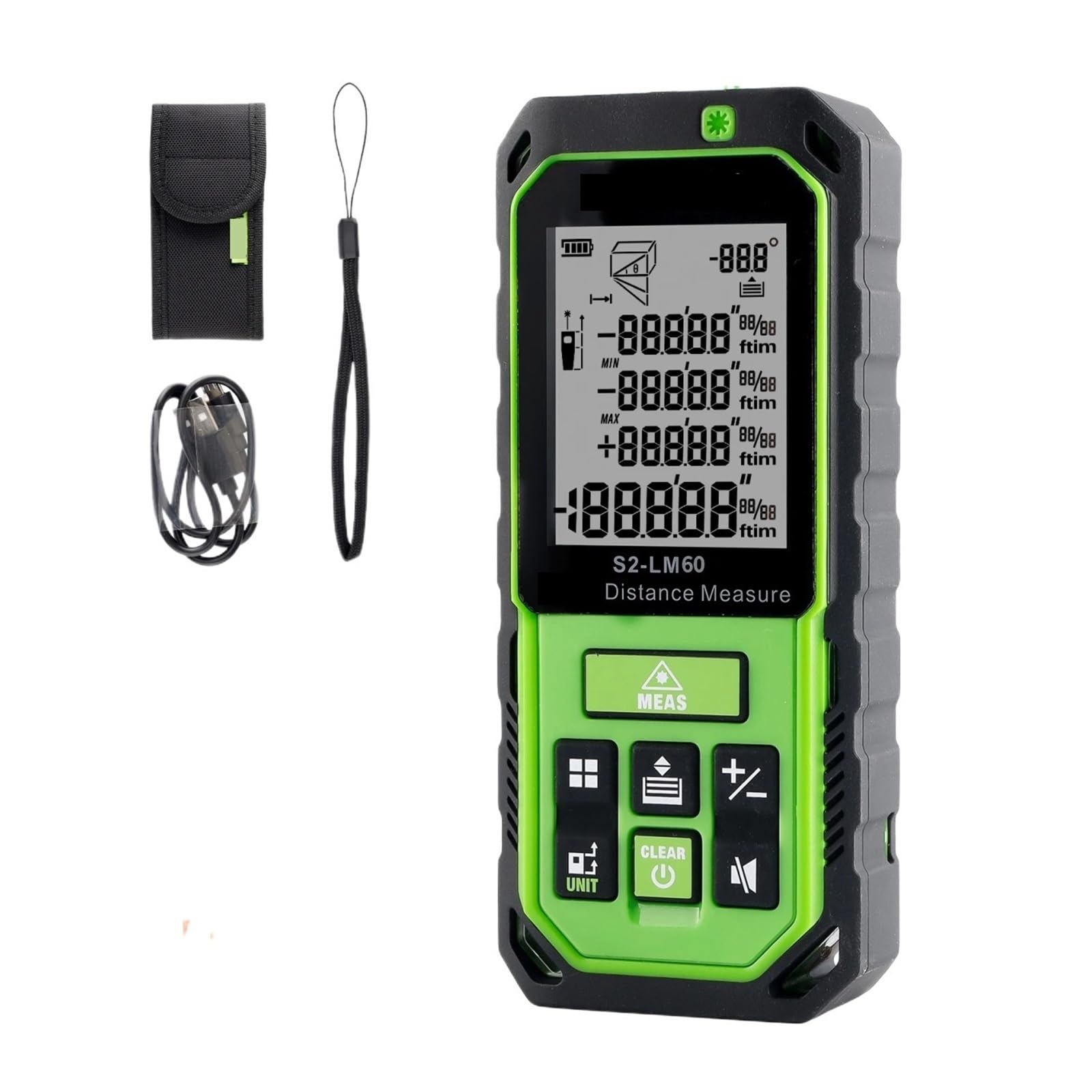 Misuratore Di Distanza Con Raggio Verde Ricaricabile Strumento Misurazione Del Telemetro M/in/Ft Sensore Angolare LCD Precisione Flessibilità Misurazione