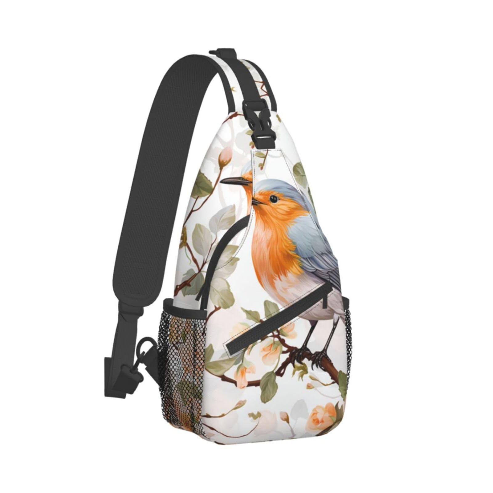 OUSIKA Floral Print Watercolor Robin Bird Sling Bag Lightweight Chest Bag Crossbody Bag Shoulder Bag Sports Backpack For Women Men, Black, One Size