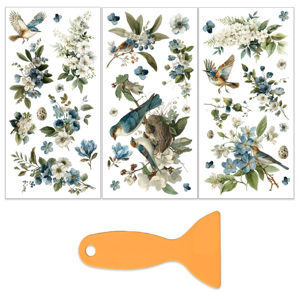OLYCRAFT 3 Sheets/Set Flying Bird Rub on Transfers for Furniture and Craft 15x30cm Blooming Flower Furniture Decal Transfer Stickers Rub on Decal with 1pc Scraper for Wooden Furnitures Home Decoration