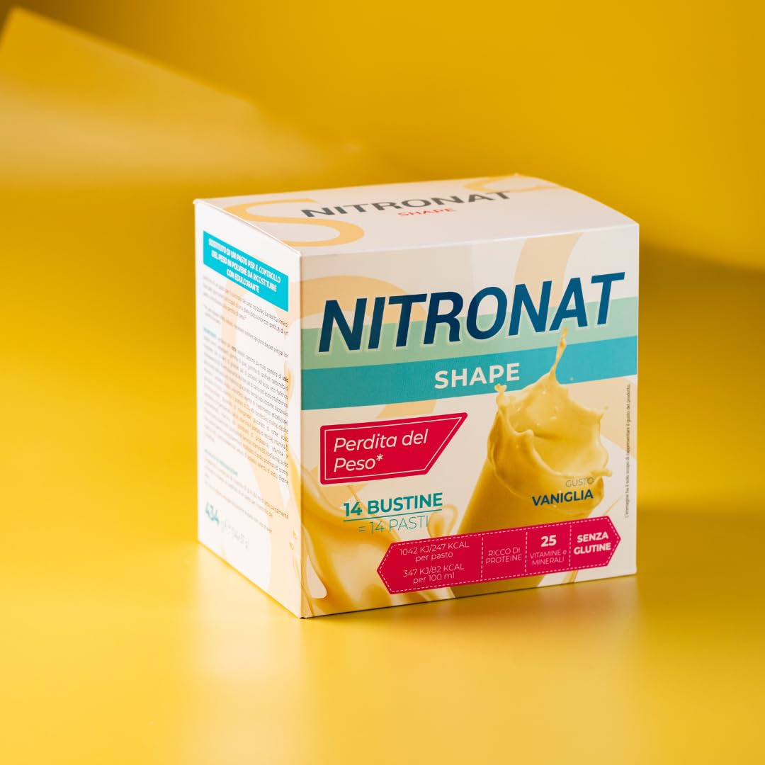 NITRONAT Shape - Pasto Sostitutivo Dimagrante 14 Bustine – Ricco di Proteine, 25 Vitamine e Minerali – 247 kcal per Porzione, Senza Glutine per il Controllo del Peso