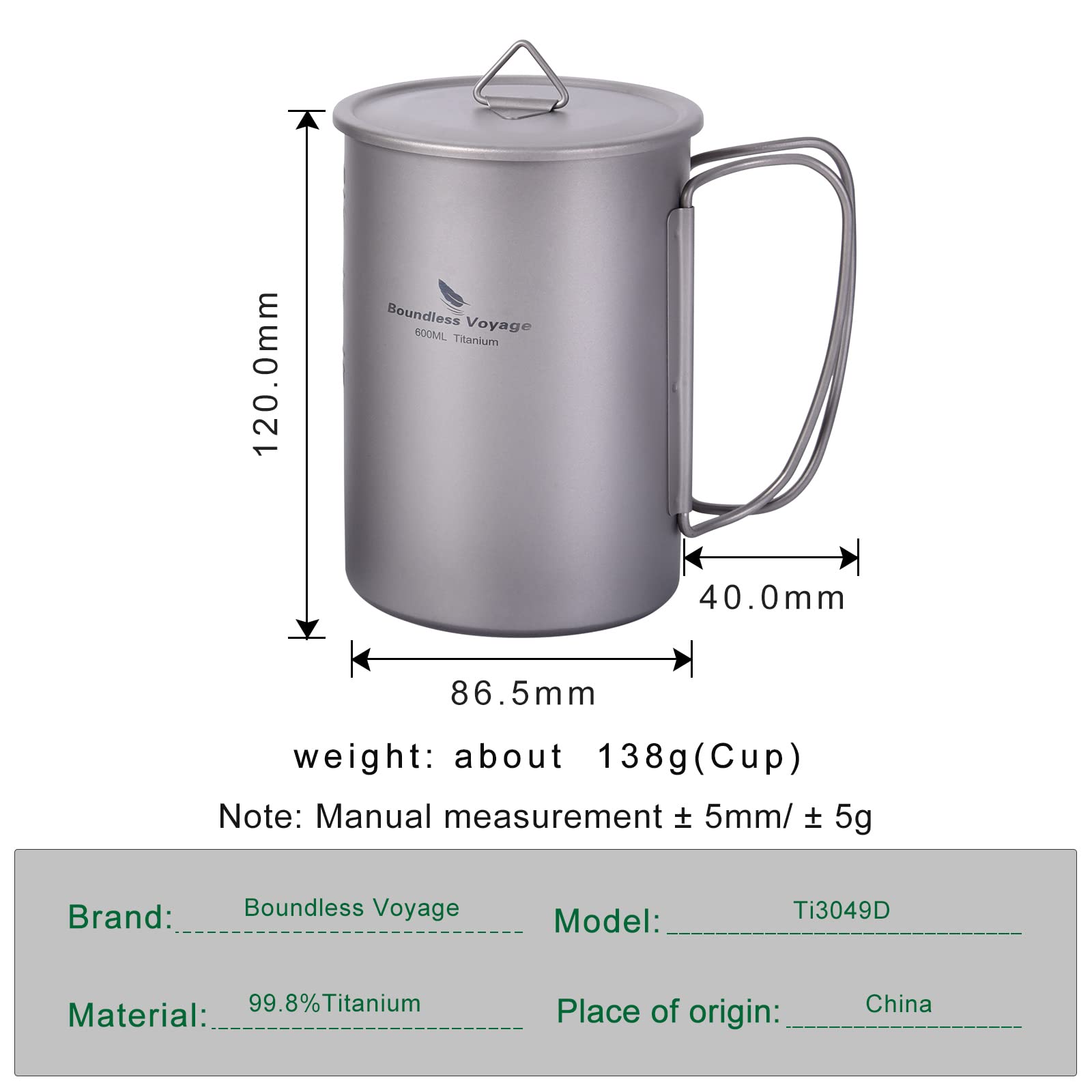 iBasingo Ti3049D Tasse en titane de 600 ml pour camping, extérieur, ouverture large, léger, portable, pour randonnée, pique-nique, cuisine en solo