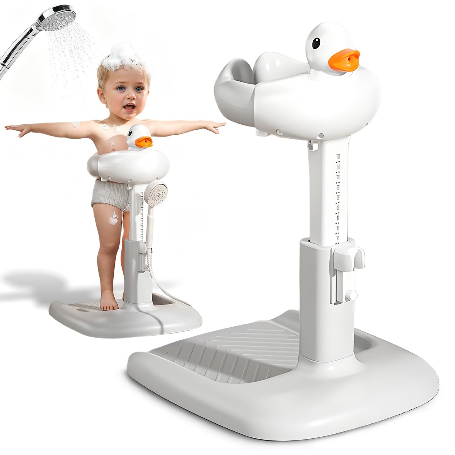 Soporte para ducha de bebé Pentasmile y soporte de pie para ducha de bebé. Soporte de baño ajustable con base antideslizante y diseño antipellizcos para bebés de 6 a 36 meses. Gris ceniza.