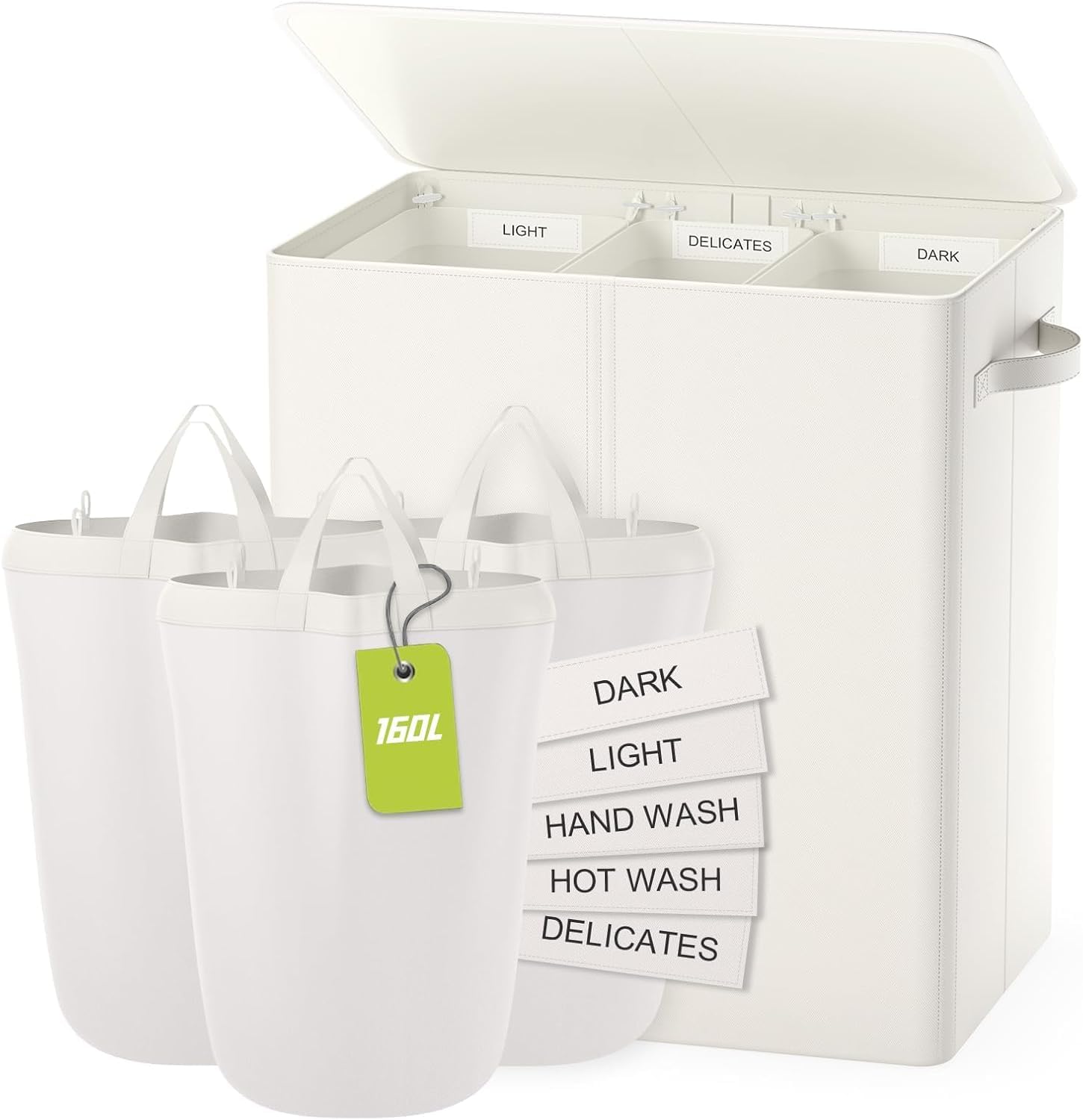 Wäschekorb Mit Deckel, 160L Extra Große Wäschekorb 3 Fächer Schmutzige Kleidung Hampers Für Wäsche Wäschesammler 3 Fächer Geteilt Für Schlafzimmer, Beige