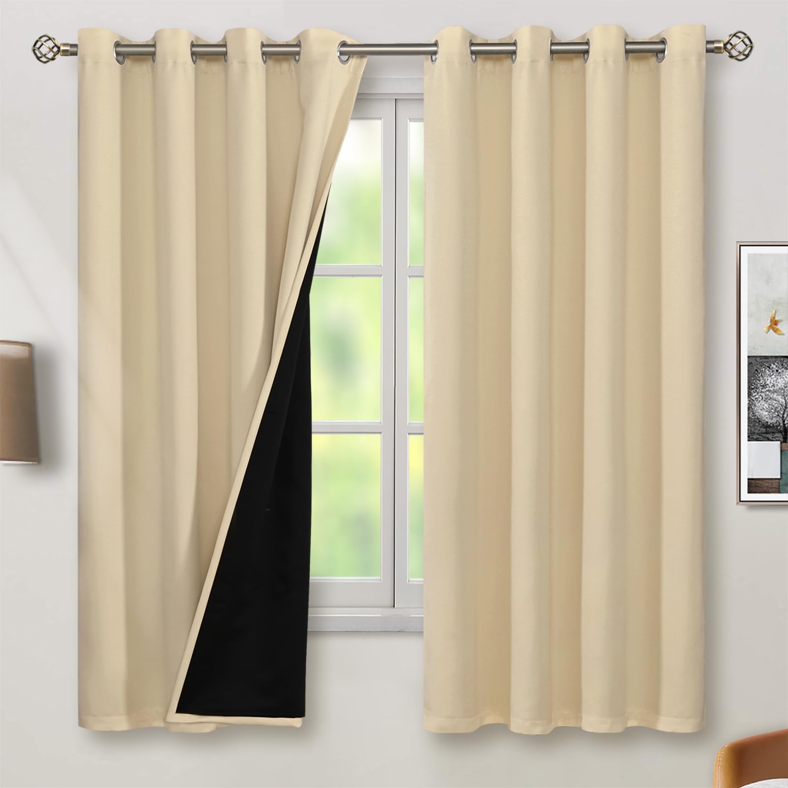 BGment Thermal Insulated 100% Blackout Curtains for Bedroom with Black Liner, Double Layer Full Room Darkening Noise Reducing Grommet Curtain (52 x 63 Inch, Natural, 2 Panels)