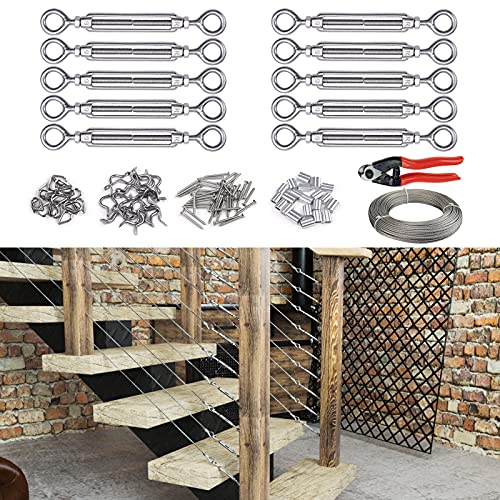 Muzata 10Set 1 8 Cable Railing Kit Hardware Turnbuckle M5 Eye to Eye CK01 and 165Ft Wire Rope WR01 and CR12 for Wood Post Stainless Steel Angle Adjustable WoodLoft System 10 Cable Lines,CA4 CA5