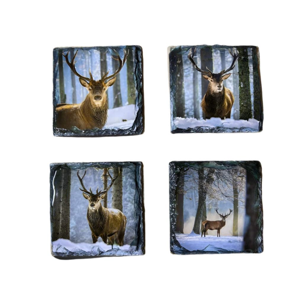 Nessie's Treasure Multicolor Scottish Stag Stone Slate Coaster Set. Highland Stag Images In A Winter Scene Printed On Natural Slate.