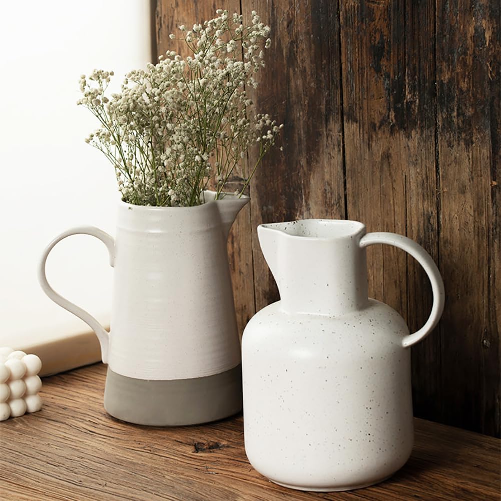65oz/1.8L White Ceramic Pitcher Large Water Pitcher for Home Decor and Beverages - Vintage Rustic Farmhouse Ceramic White Jug or Flower Vase,B