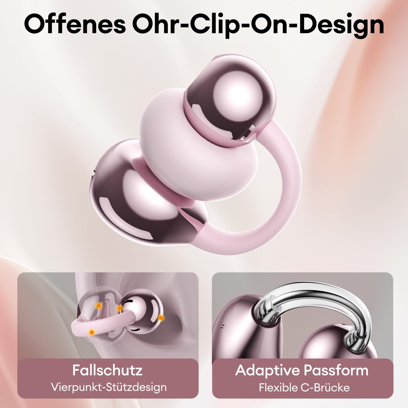 Clip On Schmuck Kopfhörer Open Ear Kopfhörer Kabellos Bluetooth 5.4 mit Intelligentem Touchscreen 4.1g Leichtgewicht Kopfhörer Sport, 60 Std Wireless Earbuds, M100 Schmetterling-Ohrring Rosa