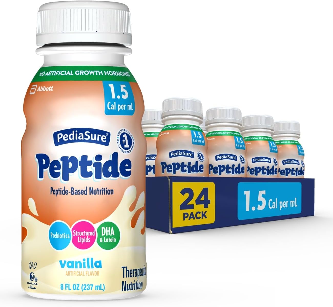 PediaSure Peptide 1.5 Cal, Peptide-Based Formula, Sole-Source Nutrition Drink for Tube Feeding or Oral Nutrition, Vanilla, 8-fl-oz Bottle, Pack of 24