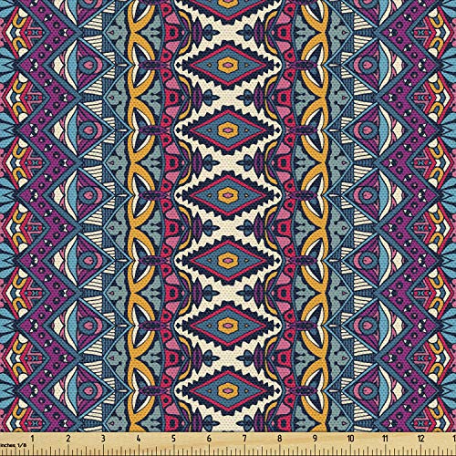 Image of Ambesonne Ethnic Fabric by The Yard, Colorful Composition with Triangles and Chevron Zigzags Mexican Culture Inspirations, Decorative Fabric for Upholstery and Home Accents, 3 Yards, Dark Purple